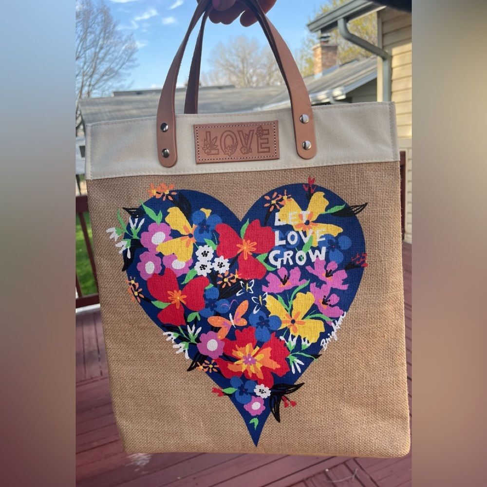 Canvas Beige Heart Shaped Flower Print “Love” Logo Multifunctional 15x13x6